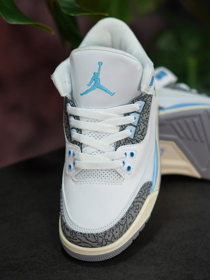 Air Jordan Retro 3 UNC - Blanco, Azul bebé, Gris elefante