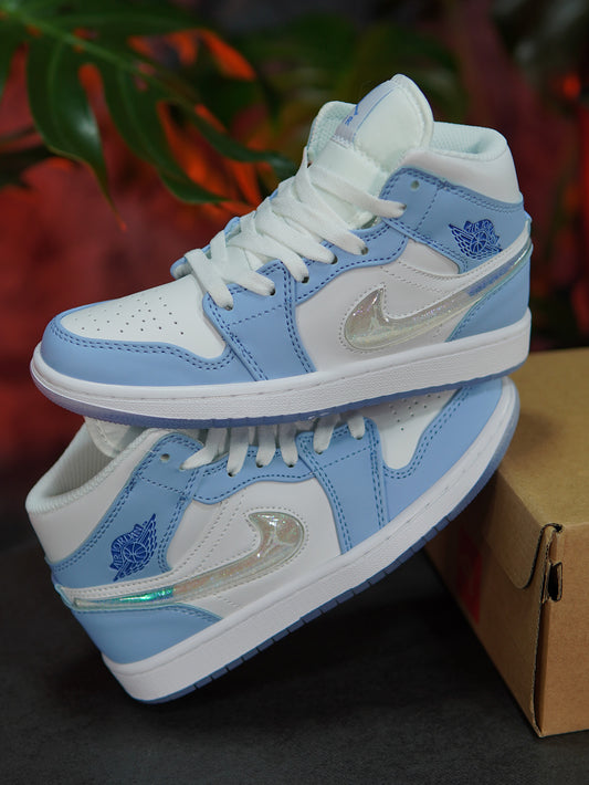 Air Jordan 1 Mid Glitter Swoosh - Azul, Blanco
